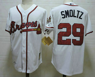 Men's Atlanta Braves #29 John Smoltz White Cooperstown Collection Cool Base Jersey w1995 World Series Patch