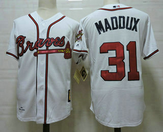 Men's Atlanta Braves #31 Greg Maddux White Cooperstown Collection Cool Base Jersey w1995 World Series Patch