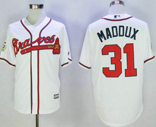 Men's Atlanta Braves #31 Greg Maddux White With 75 Anniversary Patch New Cool Base Jersey