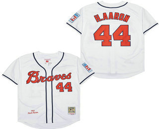 Men's Atlanta Braves #44 Hank Aaron 1963 Hall of Fame White Throwback Jersey