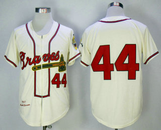 Men's Atlanta Braves #44 Hank Aaron Cream 1957 Cooperstown Collection Stitched MLB Throwback Jersey By Mitchell & Ness