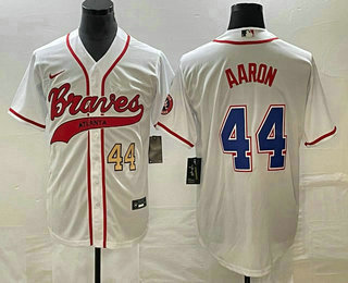 Men's Atlanta Braves #44 Hank Aaron Number White Cool Base With Patch Stitched Baseball Jersey 01