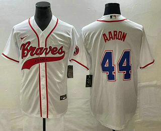 Men's Atlanta Braves #44 Hank Aaron White Cool Base With Patch Stitched Baseball Jersey 02