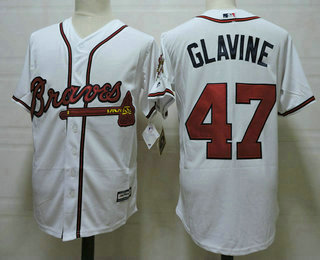 Men's Atlanta Braves #47 Tom Glavine White Cooperstown Collection Cool Base Jersey w1995 World Series Patch