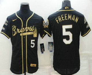 Men's Atlanta Braves #5 Freddie Freeman Black 2021 World Series Champions Patch Golden Edition Stitched Flex Base Nike Jersey