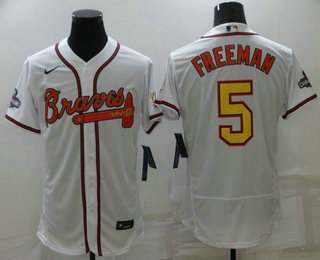 Men's Atlanta Braves #5 Freddie Freeman White Gold 2021  World Series Champions Stitched MLB Flex Base Jersey