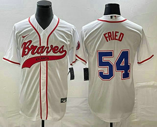 Men's Atlanta Braves #54 Max Fried White Cool Base With Patch Stitched Baseball Jersey 01