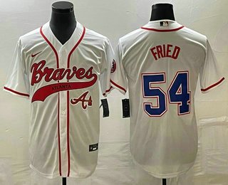 Men's Atlanta Braves #54 Max Fried White Cool Base With Patch Stitched Baseball Jersey 02