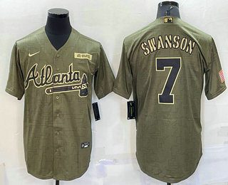 Men's Atlanta Braves #7 Dansby Swanson 2021 Olive Salute To Service Limited Stitched Jersey