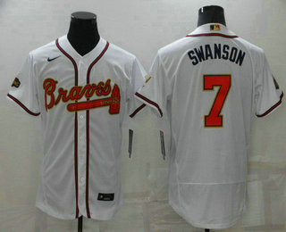 Men's Atlanta Braves #7 Dansby Swanson 2022 White Gold World Series Champions Program Flex Base Stitched Baseball Jersey