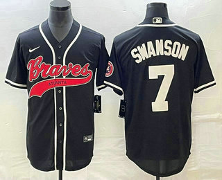 Men's Atlanta Braves #7 Dansby Swanson Black Cool Base Stitched Baseball Jersey 01