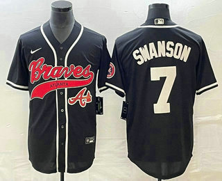 Men's Atlanta Braves #7 Dansby Swanson Black Cool Base Stitched Baseball Jersey 02