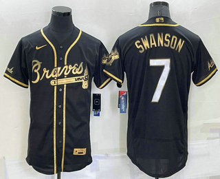 Men's Atlanta Braves #7 Dansby Swanson Black Gold Stitched MLB Flex Base Nike Jersey