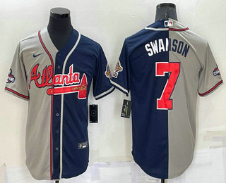 Men's Atlanta Braves #7 Dansby Swanson Grey Navy Blue Two Tone Stitched Nike Jersey