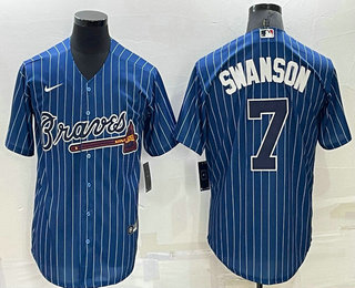 Men's Atlanta Braves #7 Dansby Swanson Navy Blue Pinstripe Stitched MLB Cool Base Nike Jersey