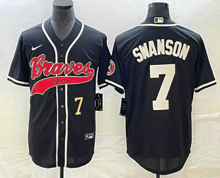 Men's Atlanta Braves #7 Dansby Swanson Number Black Cool Base Stitched Baseball Jersey 01