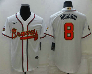 Men's Atlanta Braves #8 Eddie Rosario 2022 White Gold World Series Champions Program Cool Base Stitched Baseball Jersey