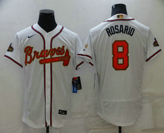 Men's Atlanta Braves #8 Eddie Rosario 2022 White Gold World Series Champions Program Flex Base Stitched Baseball Jersey