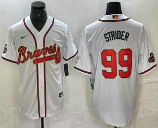 Men's Atlanta Braves #99 Spencer Strider 2022 White Gold World Series Champions Program Cool Base Stitched Jersey