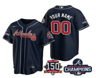 Men's Atlanta Braves Active Player Custom 2021 Navy World Series Champions With 150th Anniversary Cool Base Stitched Jersey 1