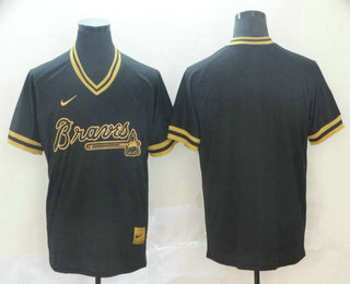 Men's Atlanta Braves Blank Black Gold Nike Cooperstown Legend V Neck Jersey