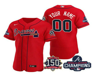 Men's Atlanta Braves Red ACTIVE PLAYER Custom 2021 World Series Champions With 150th Anniversary Patch Stitched Jersey