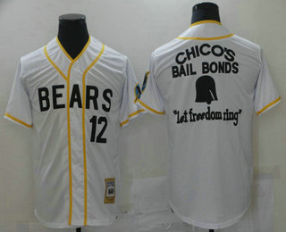 Men's Bad News BEARS Movie Chicos Bail Bonds Retro #12 Button Down White Stitched Baseball Jersey