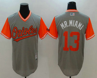 Men's Baltimore Orioles #13 Manny Machado Mr. Miami Majestic Gray 2017 Little League World Series Players Weekend Stitched Nickname Jersey