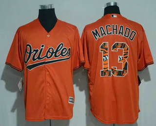 Men's Baltimore Orioles #13 Manny Machado Orange Team Logo Ornamented Stitched MLB Majestic Cool Base Jersey