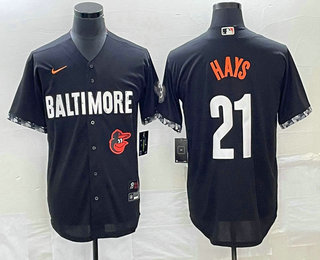 Men's Baltimore Orioles #21 Austin Hays Black 2023 City Connect Cool Base Stitched Jersey 02