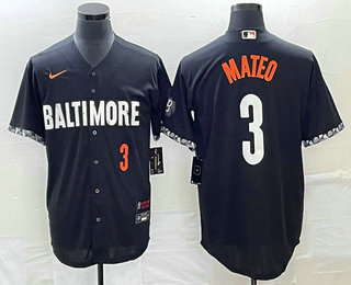 Men's Baltimore Orioles #3 Jorge Mateo Number Black 2023 City Connect Cool Base Stitched Jersey 02