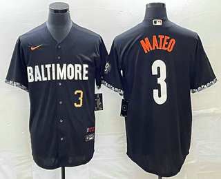 Men's Baltimore Orioles #3 Jorge Mateo Number Black 2023 City Connect Cool Base Stitched Jersey 03