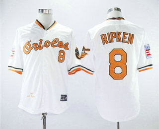 Men's Baltimore Orioles #8 Cal Ripken Jr. 1989 White Throwback Button Up Stitched MLB 2007 Hall of Fame Patch Jersey