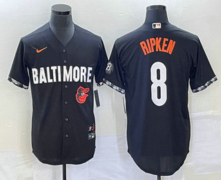 Men's Baltimore Orioles #8 Cal Ripken Jr  Black 2023 City Connect Cool Base Stitched Jersey 01