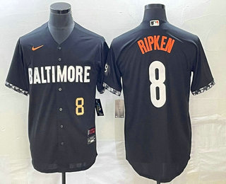 Men's Baltimore Orioles #8 Cal Ripken Jr Number Black 2023 City Connect Cool Base Stitched Jersey 02