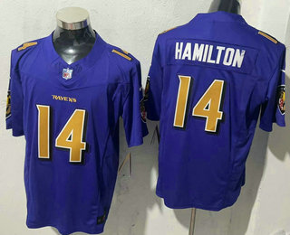 Men's Baltimore Ravens #14 Kyle Hamilton Purple Rush Color 2024 FUSE Vapor Limited Stitched Jersey