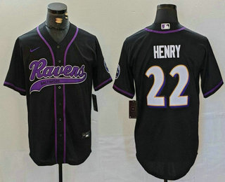 Men's Baltimore Ravens #22 Derrick Henry Black With Patch Cool Base Stitched Baseball Jersey