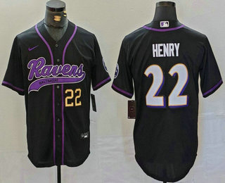 Men's Baltimore Ravens #22 Derrick Henry Number Black With Patch Cool Base Stitched Baseball Jersey