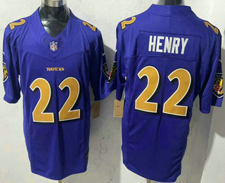 Men's Baltimore Ravens #22 Derrick Henry Purple Rush Color 2024 FUSE Vapor Limited Stitched Jersey