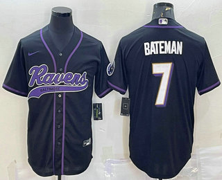 Men's Baltimore Ravens #7 Rashod Bateman Black With Patch Cool Base Stitched Baseball Jersey