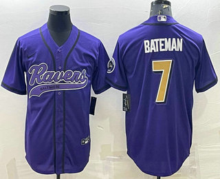 Men's Baltimore Ravens #7 Rashod Bateman Purple Gold With Patch Cool Base Stitched Baseball Jersey