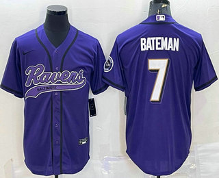 Men's Baltimore Ravens #7 Rashod Bateman Purple With Patch Cool Base Stitched Baseball Jersey