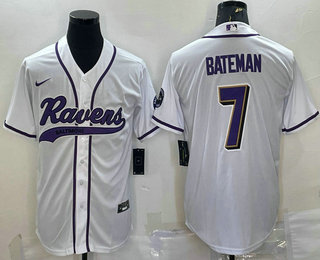 Men's Baltimore Ravens #7 Rashod Bateman White With Patch Cool Base Stitched Baseball Jersey