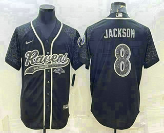 Men's Baltimore Ravens #8 Lamar Jackson Black Reflective With Patch Cool Base Stitched Baseball Jersey