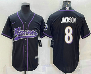 Men's Baltimore Ravens #8 Lamar Jackson Black With Patch Cool Base Stitched Baseball Jersey