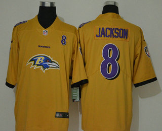 Men's Baltimore Ravens #8 Lamar Jackson Gold 2020 Big Logo Number Vapor Untouchable Stitched NFL Nike Fashion Limited Jersey