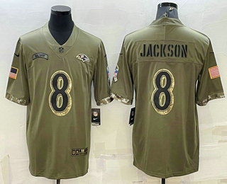 Men's Baltimore Ravens #8 Lamar Jackson Olive 2022 Salute To Service Limited Stitched Jersey