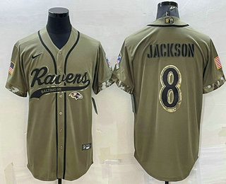 Men's Baltimore Ravens #8 Lamar Jackson Olive 2022 Salute to Service Cool Base Stitched Baseball Jersey