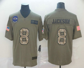 Men's Baltimore Ravens #8 Lamar Jackson Olive Camo 2019 Salute To Service Stitched NFL Nike Limited Jersey