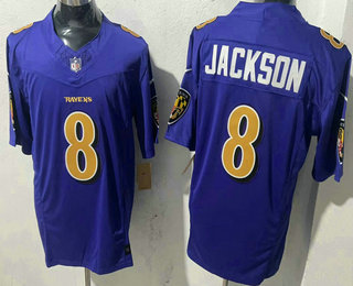 Men's Baltimore Ravens #8 Lamar Jackson Purple Rush Color 2024 FUSE Vapor Limited Stitched Jersey